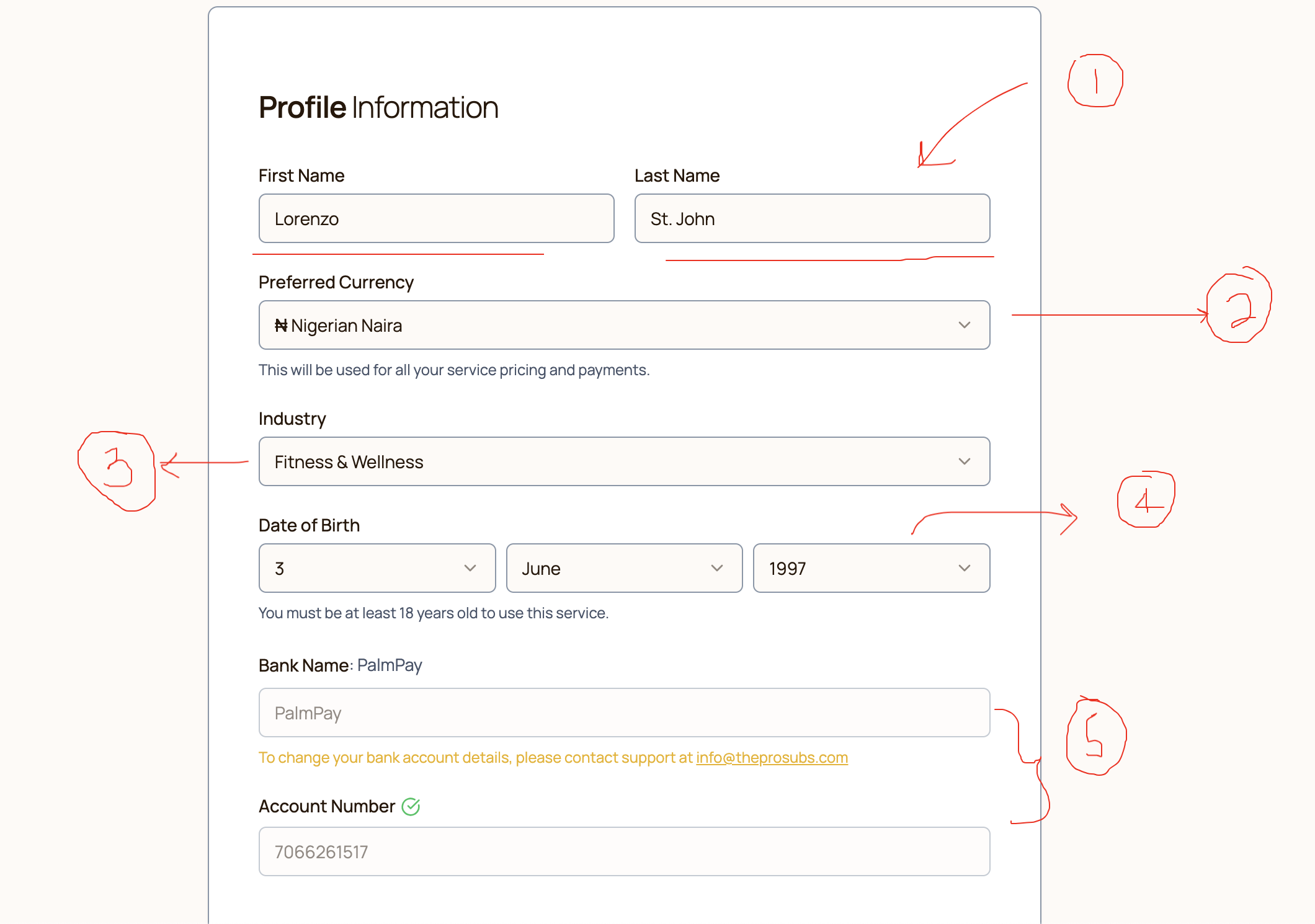 ProSubs profile creation form with numbered annotations showing Personal Info (1), Currency (2), Industry (3), Date of Birth (4), and Banking Details (5)